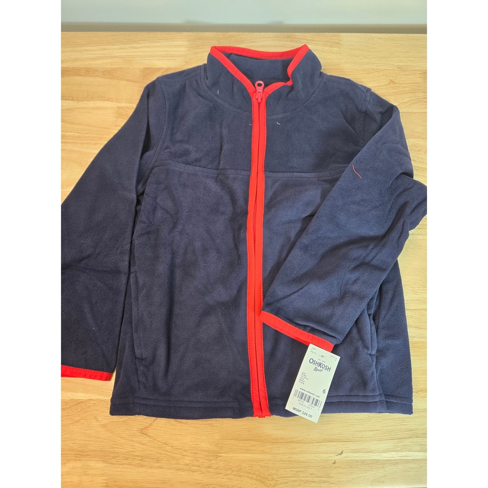 OshKosh B'gosh Boys Navy Blue Fleece Full Zip Jacket Red Trim Size 6 NWT